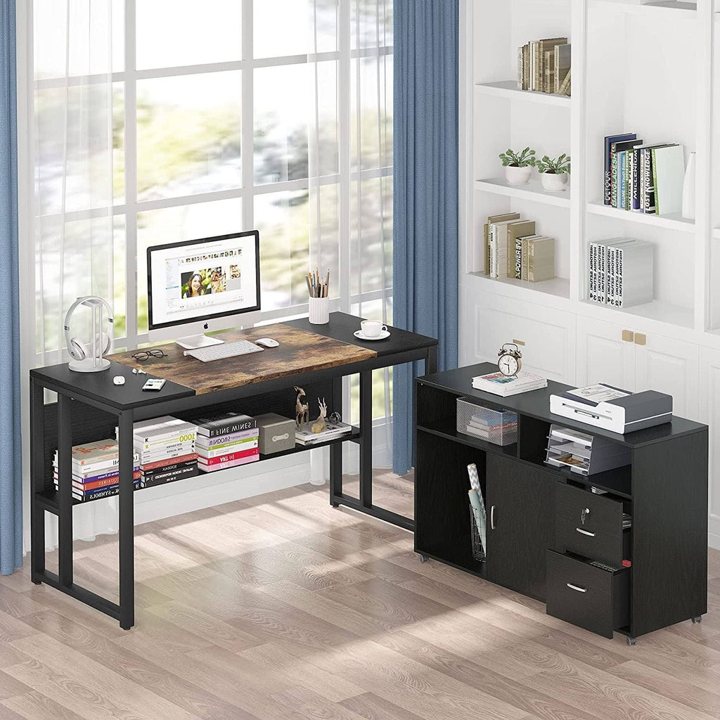 Brown Black L Shaped Computer Desk with File Cabinet Storage Z78454