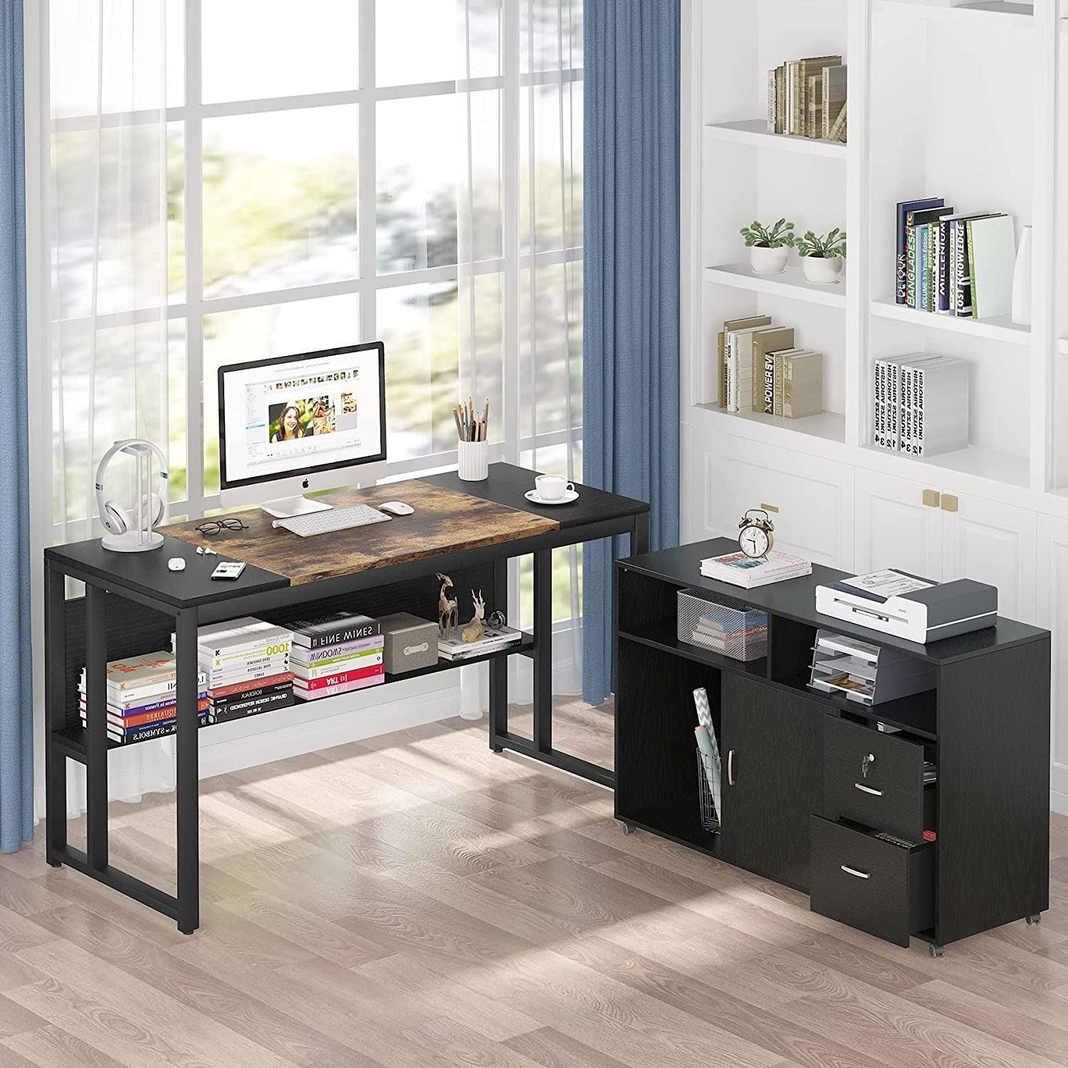 Brown Black L Shaped Computer Desk with File Cabinet Storage Z78454