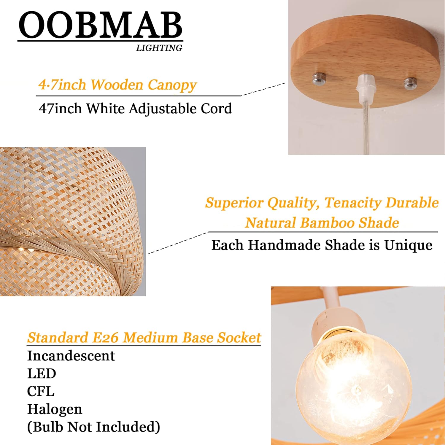 Hand Woven Bamboo Pendant Light, Natural Rattan Basket Light Fixture, Beige Bamboo Chandelier with Wood Canopy, 15.7 L x 15.7 W x 15.7 H J385