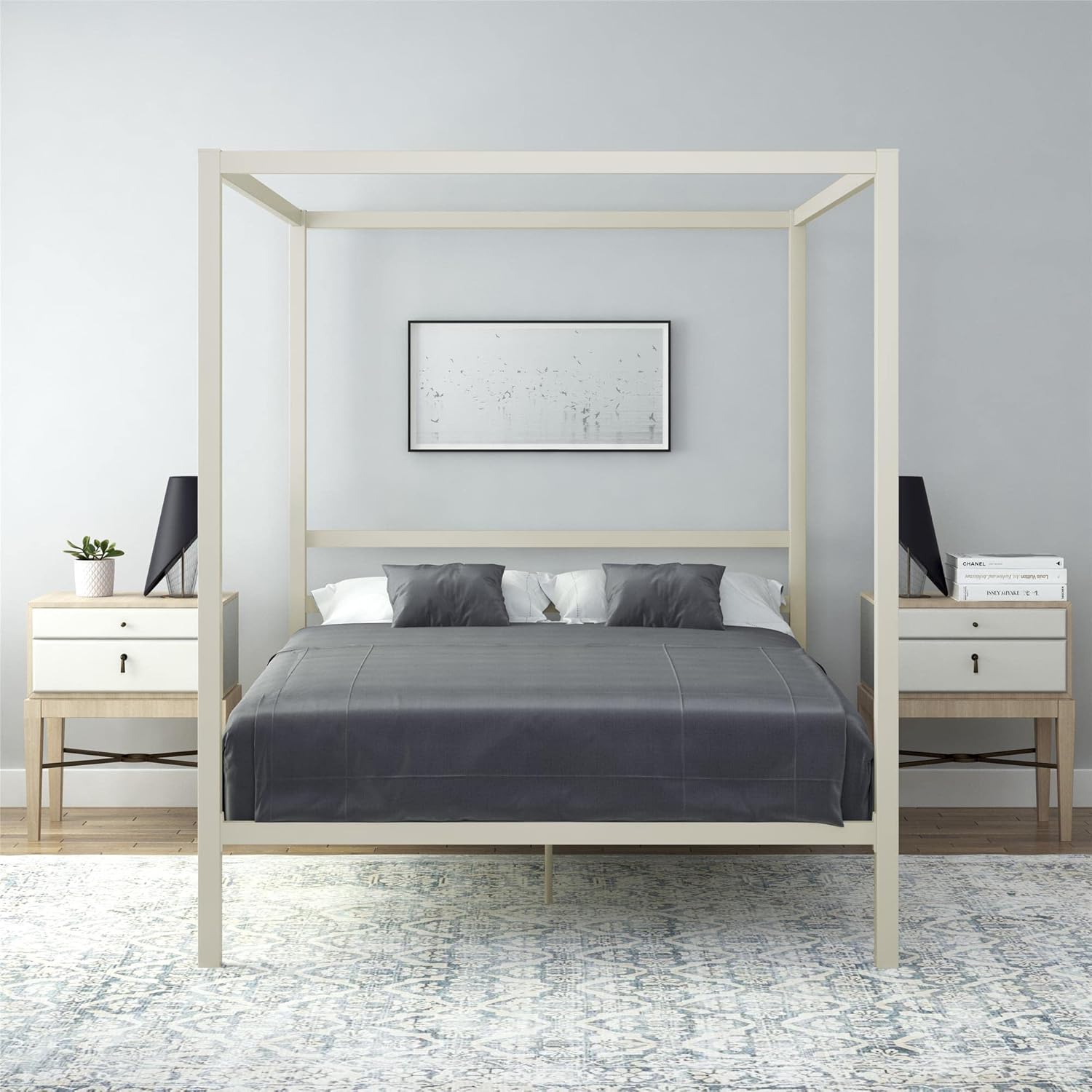 King Size Gray Canopy Bed with Built-in Headboard D391413