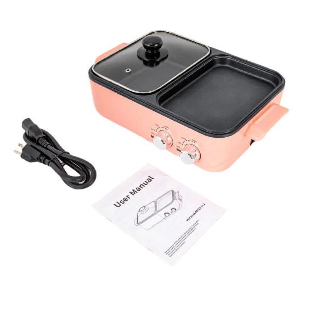 2 in 1 Non-Stick Electric BBQ Grill Hot Pot Griddle Pan Pink X122406