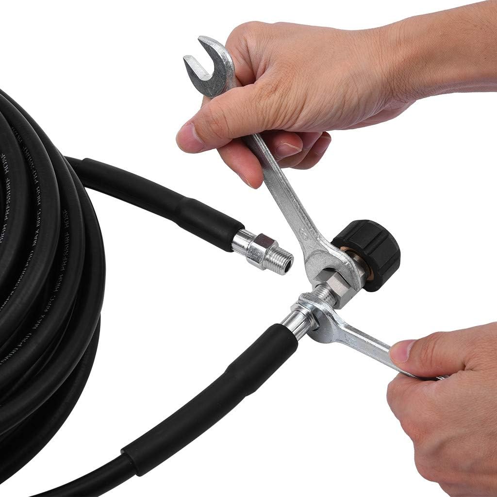 Sewer Jetter Kit for Pressure Washer, 50FT 5800PSI Drain Cleaner Hose 1/4 Inch NPT, Rotating Sewer Jetting Nozzle with Spanner Waterproof Tape P3189