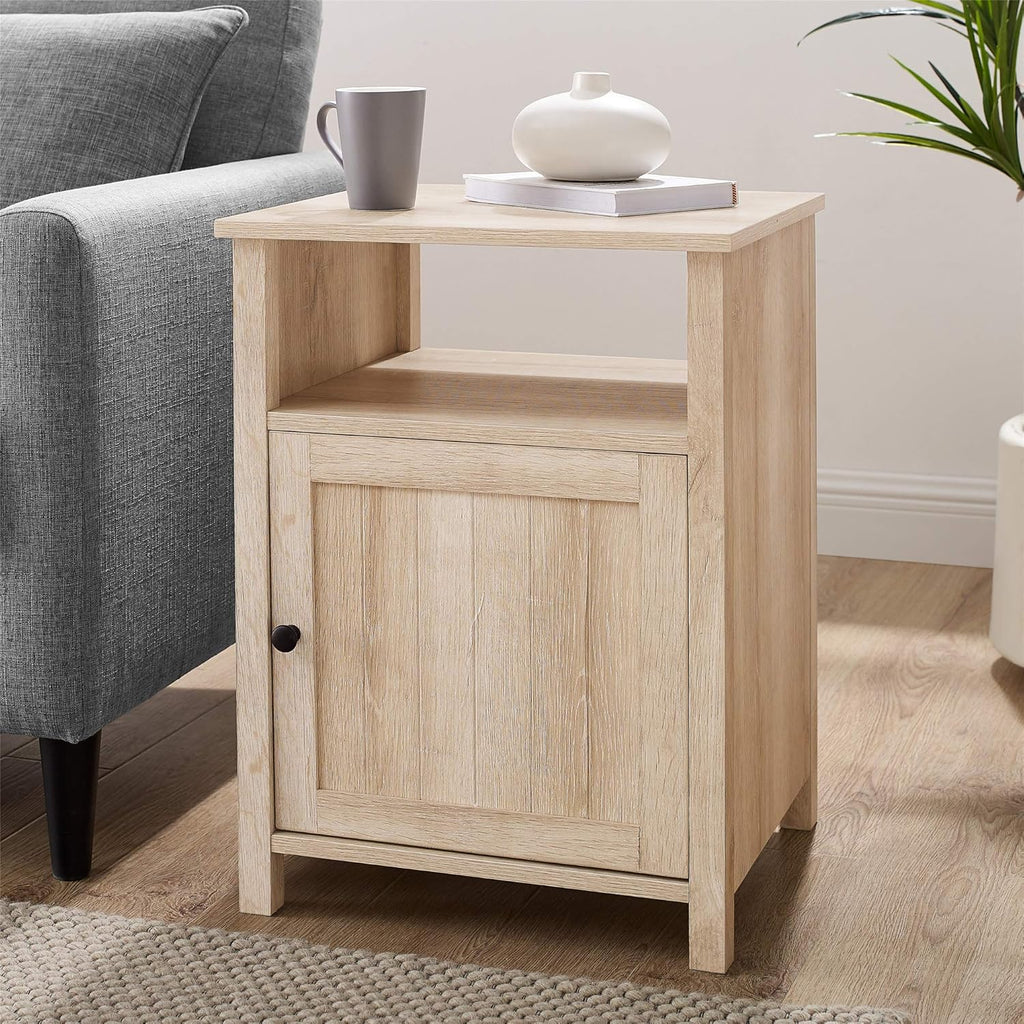 Grey Wash Wood Side Accent Table with Cabinet Door O4636