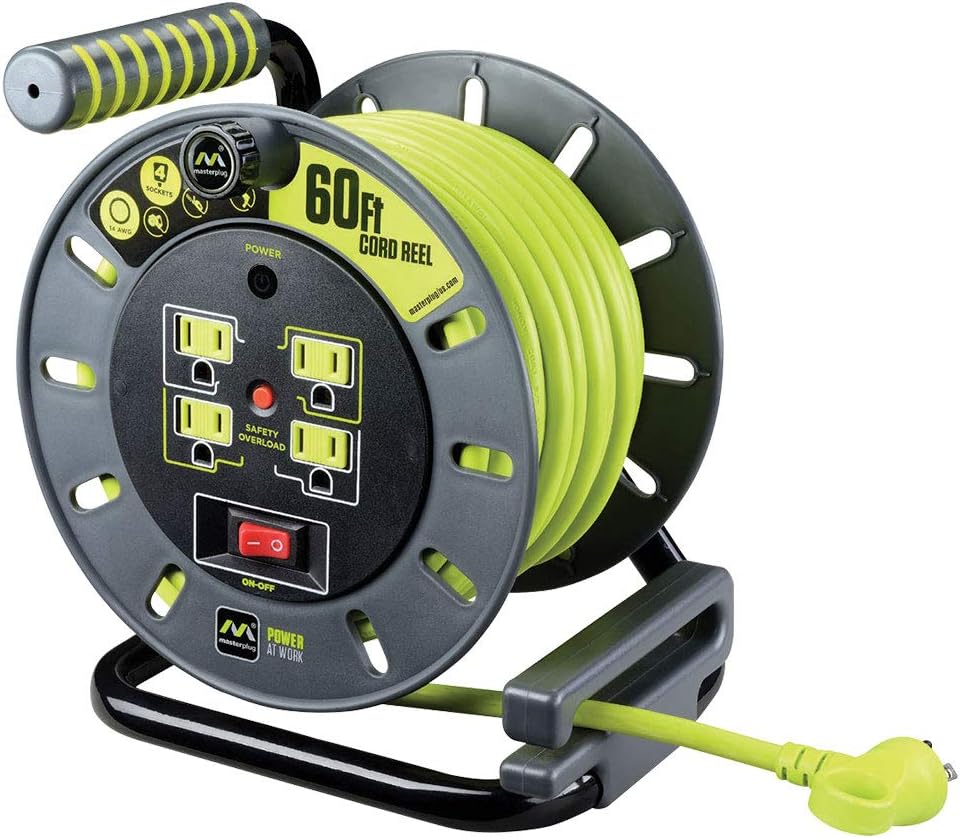 Heavy Duty Metal Cord Reel with 4 Outlets and 12 Gauge Cord (100ft) D947