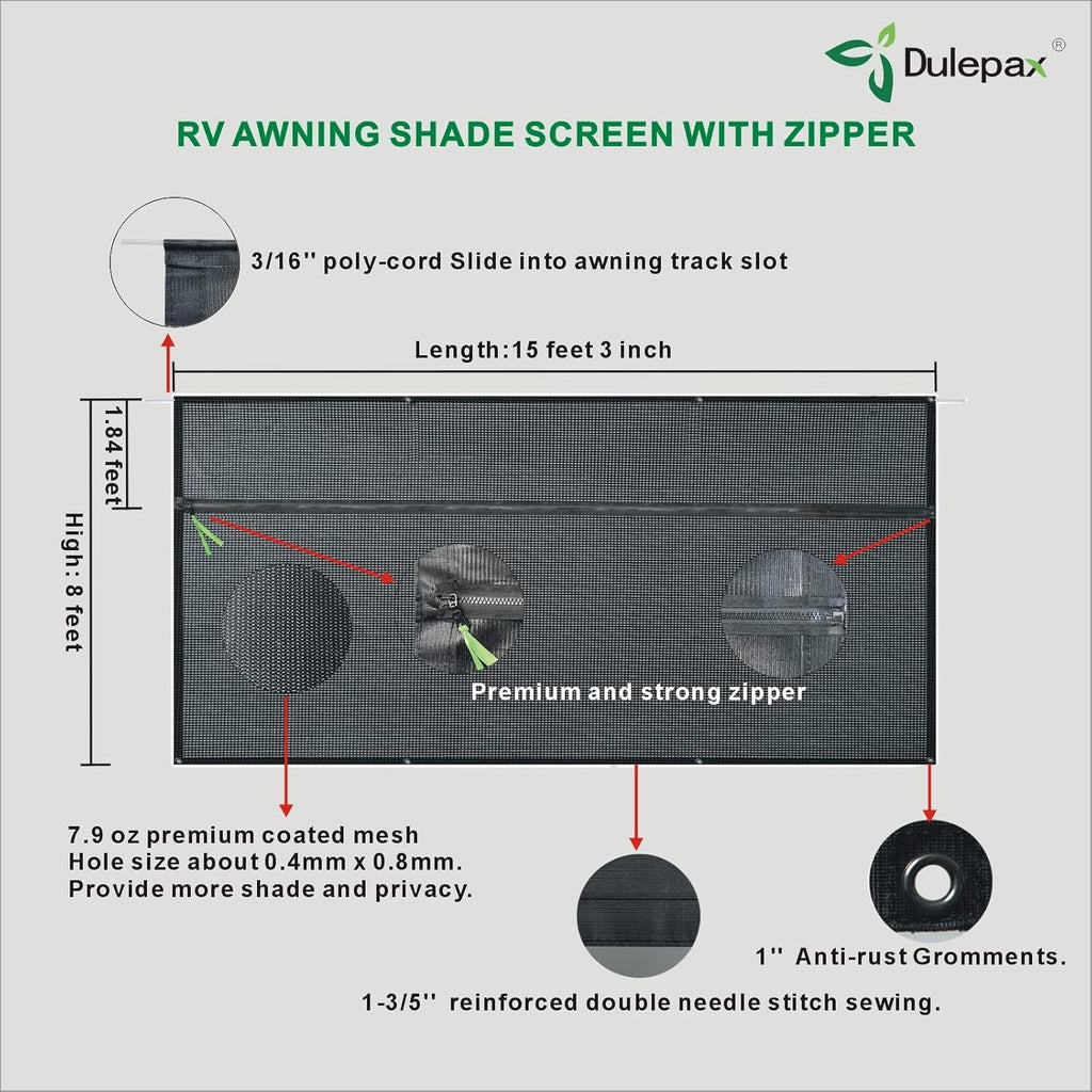 RV Awning Shade Screen with Zipper 8'X15'3'' Universal with Complete Kits R273550