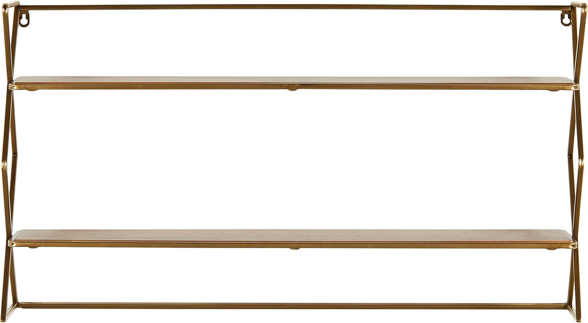 Natural Wood and Gold 2-Tier Floating Bookcase Shelf Unit W780