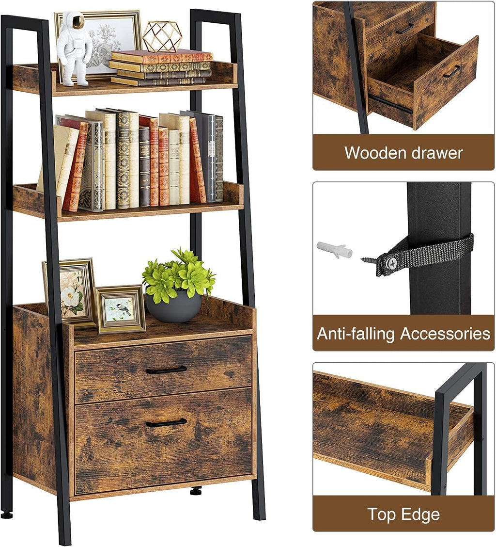 Rustic Brown 3 Tier Ladder Shelf with 2 Drawers Y29689