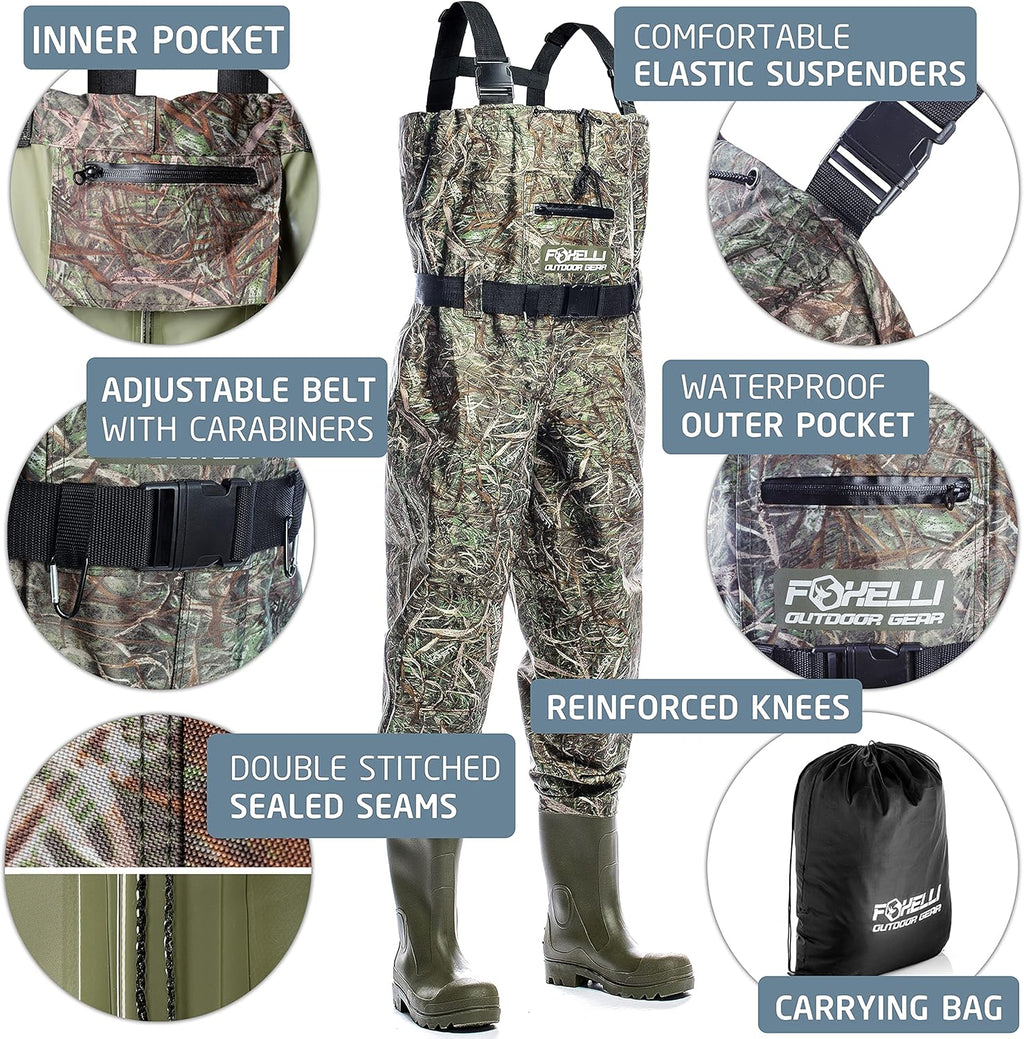 Camo Chest Waders with Boots, 2-ply Nylon/PVC Waterproof Bootfoot Waders G96365