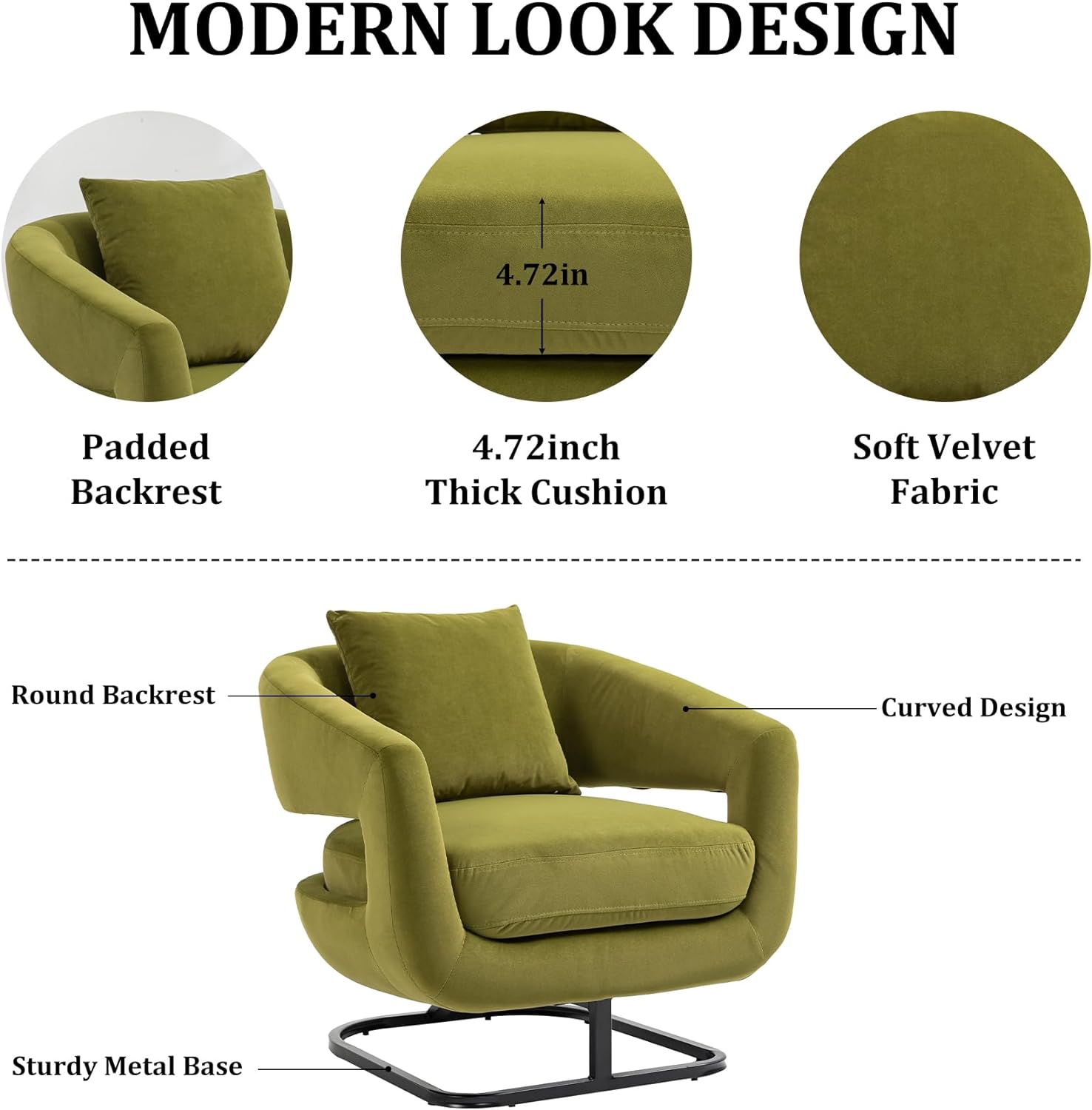 Olive Velvet Barrel Chair with Metal Base S388345