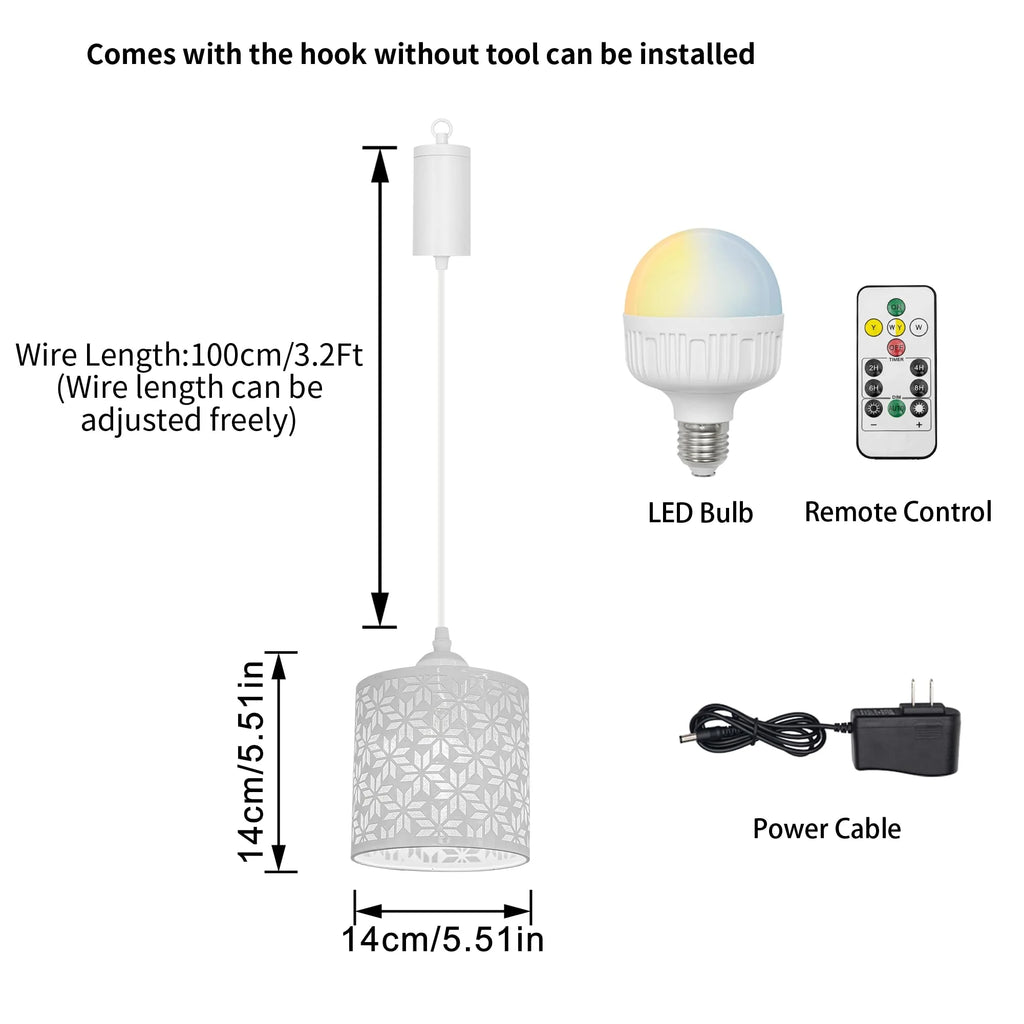 Rechargeable Battery Operated Pendant Light with Sleeve&Round Hook RGB Mode Adjustable Wire Length White Hollow Maple Leaf Shade Dimmable J886