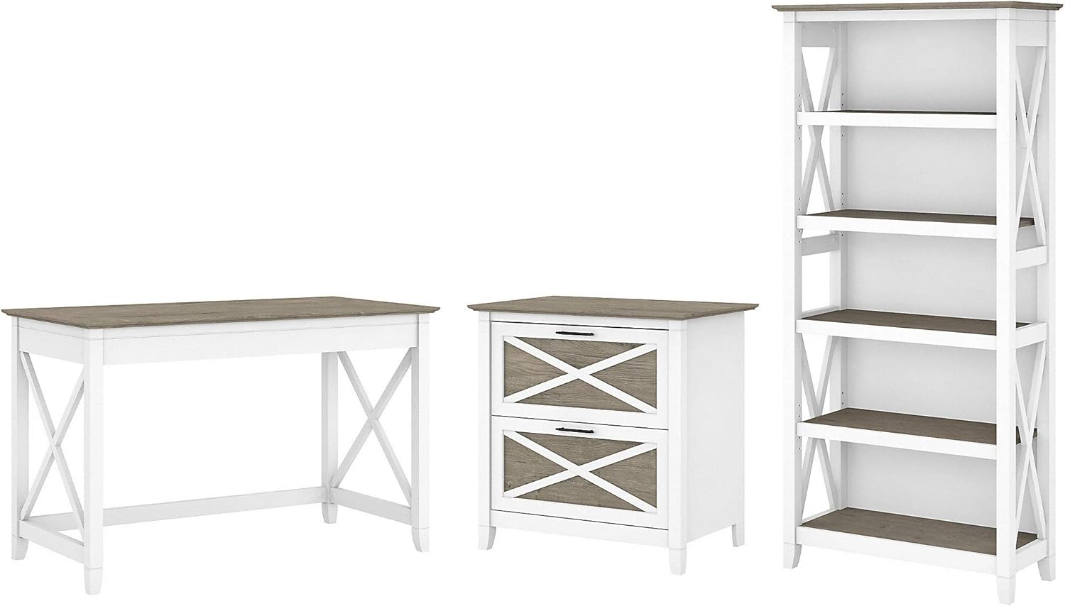 Dark Gray Hickory Writing Desk with 2 Drawer Lateral File Cabinet and 5 Shelf Bookcase M2455