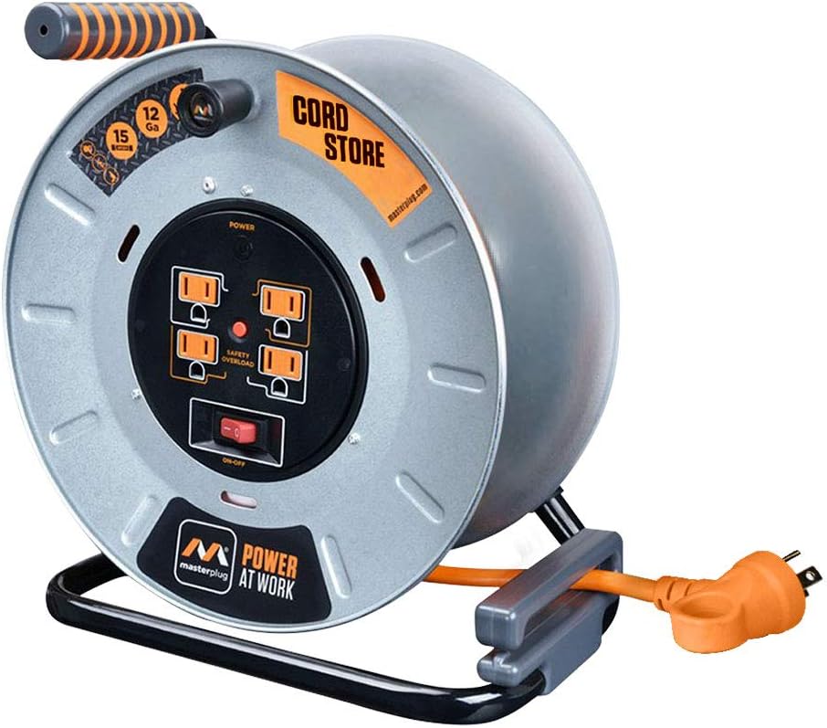 Heavy Duty Metal Cord Reel with 4 Outlets and 12 Gauge Cord (100ft) D947