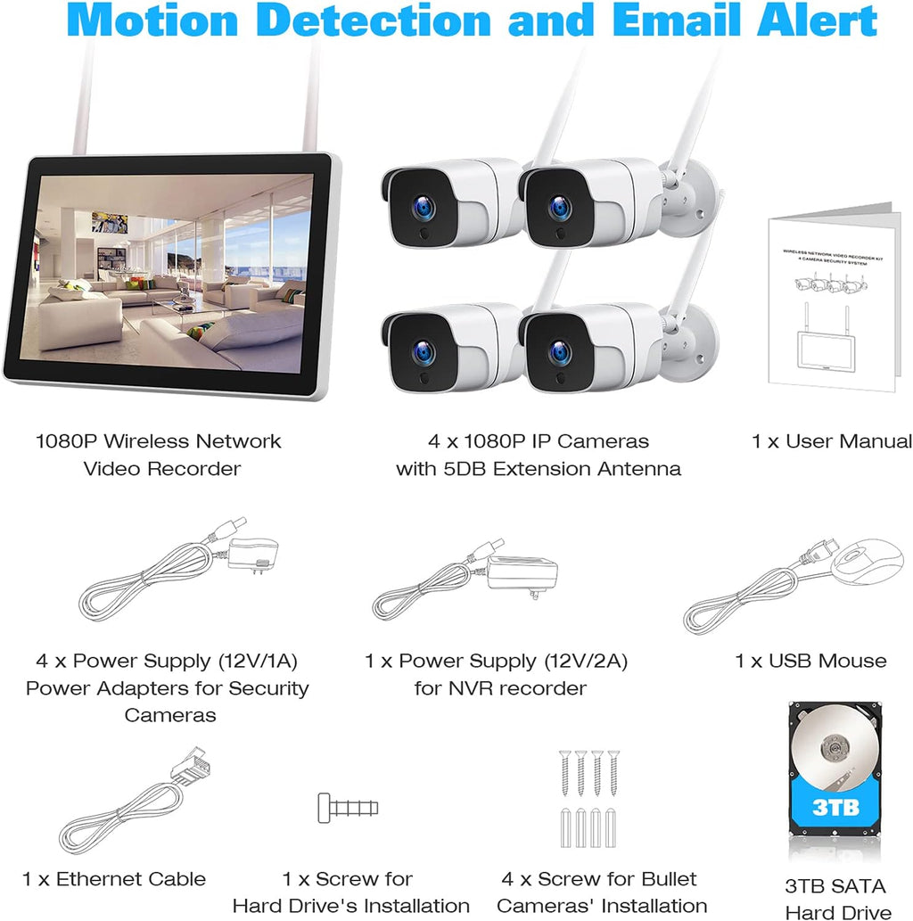 1080P Wireless Security Camera System with 3TB Hard Drive, 8 Channel, 4pcs Outdoor WiFi IP Cameras X1557