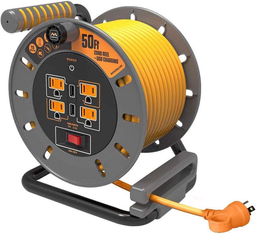 Heavy Duty Metal Cord Reel with 4 Outlets and 12 Gauge Cord (100ft) D947