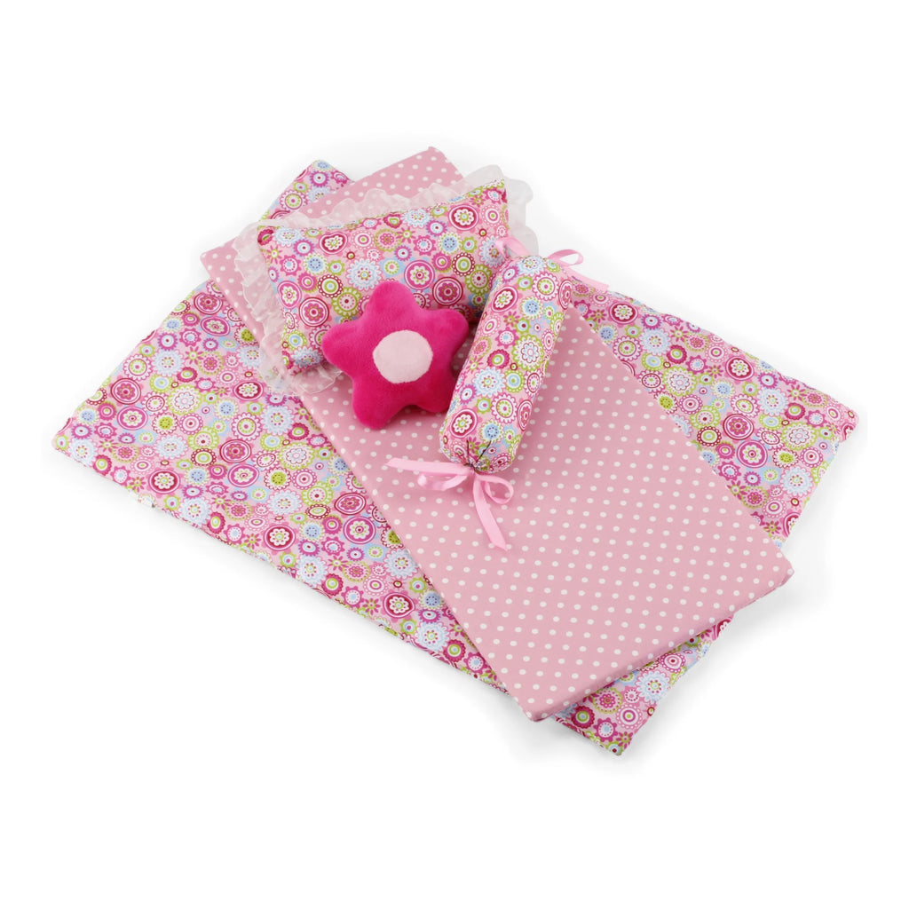 18 Inch Doll Canopy Single Bed with Doll Clothes Storage Drawer and 5 Piece Colorful Bedding Set P452354