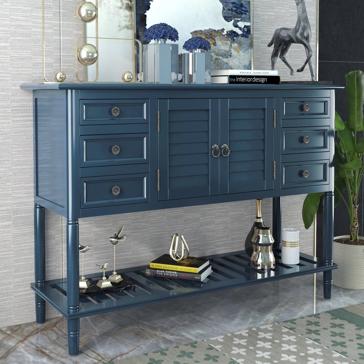 Green Console Table with 6 Drawer 1 Cabinet 1 Shelf T295
