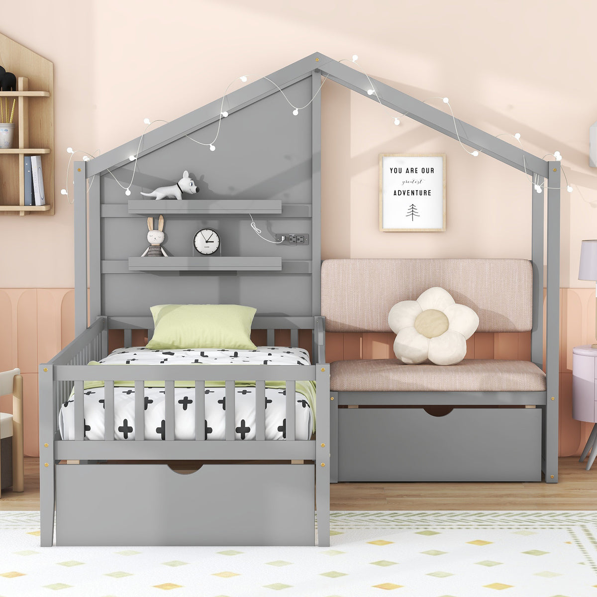 Twin Size House Bed with Upholstered Sofa, Charging Station, Shelves and Two Drawers, Gray E6437