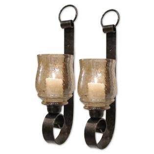 Amber Glass Pillar Wall Candle Sconce Set 2 S6364