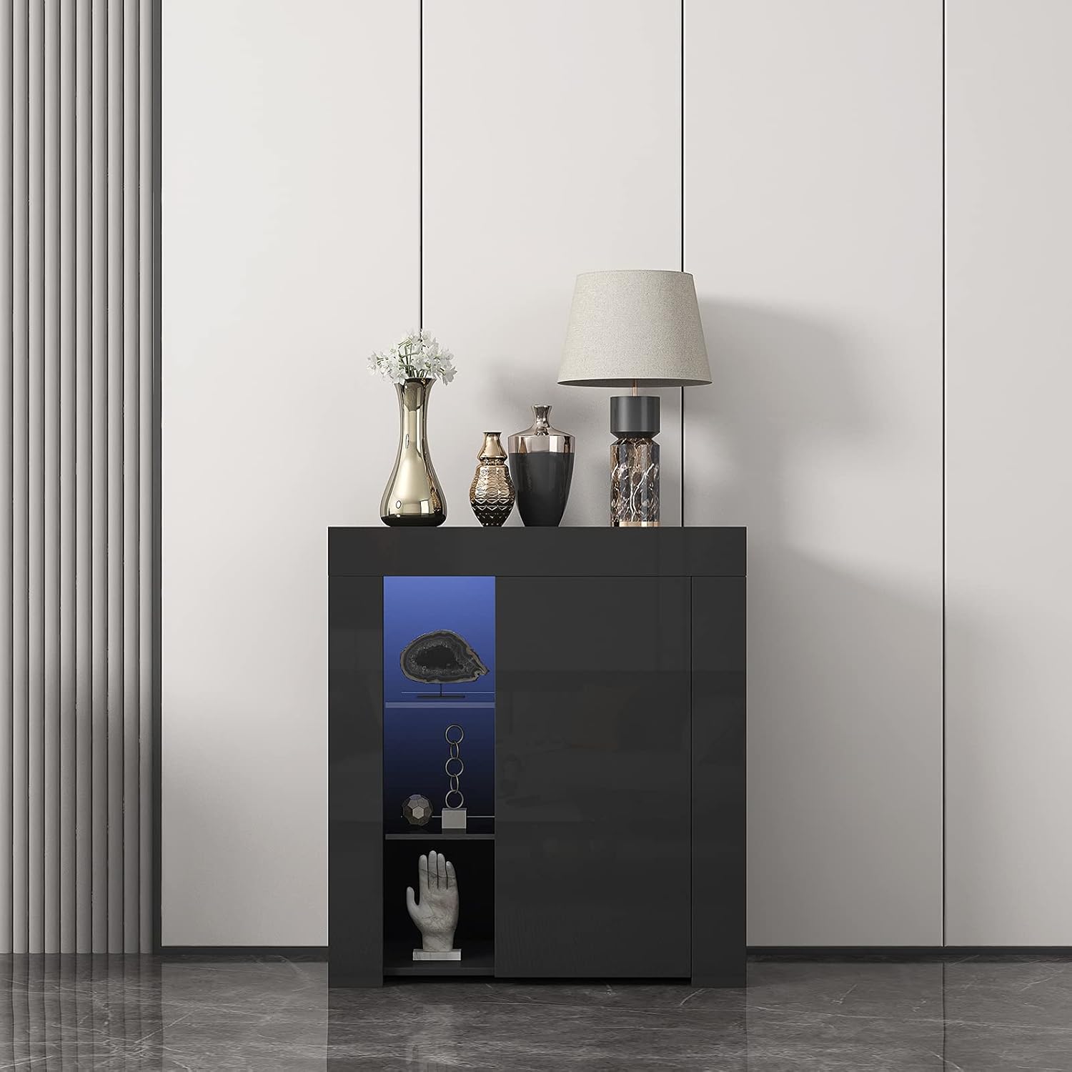 White Single Door LED Buffet Cabinet with 3-Tiers Storage Shelf P18157