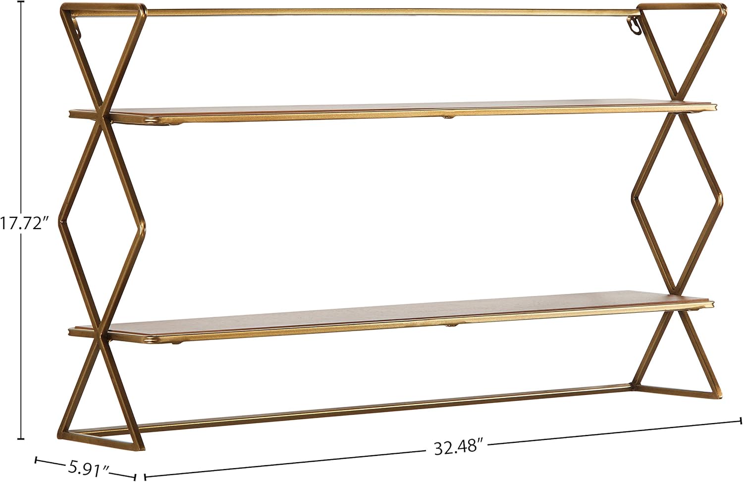 Natural Wood and Gold 2-Tier Floating Bookcase Shelf Unit W780