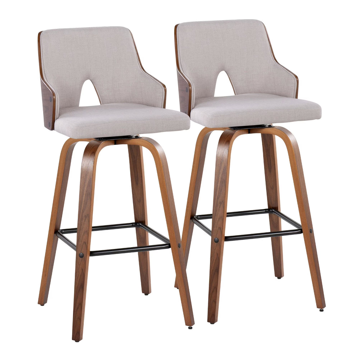 Walnut Wood Beige Fabric Swivel Barstool Set of 2 R361153
