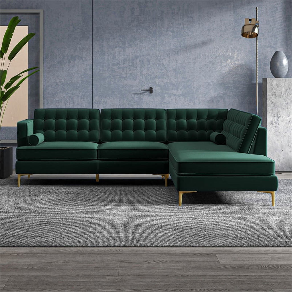 Green Velvet Right-Facing Upholstered Sectional O5008