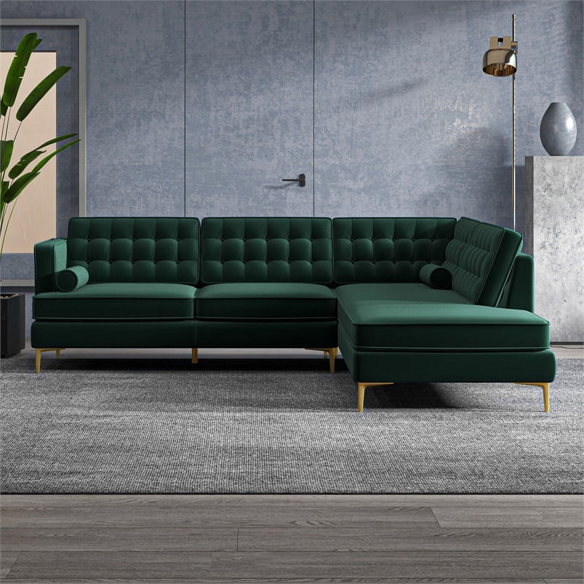 Green Velvet Right-Facing Upholstered Sectional O5008