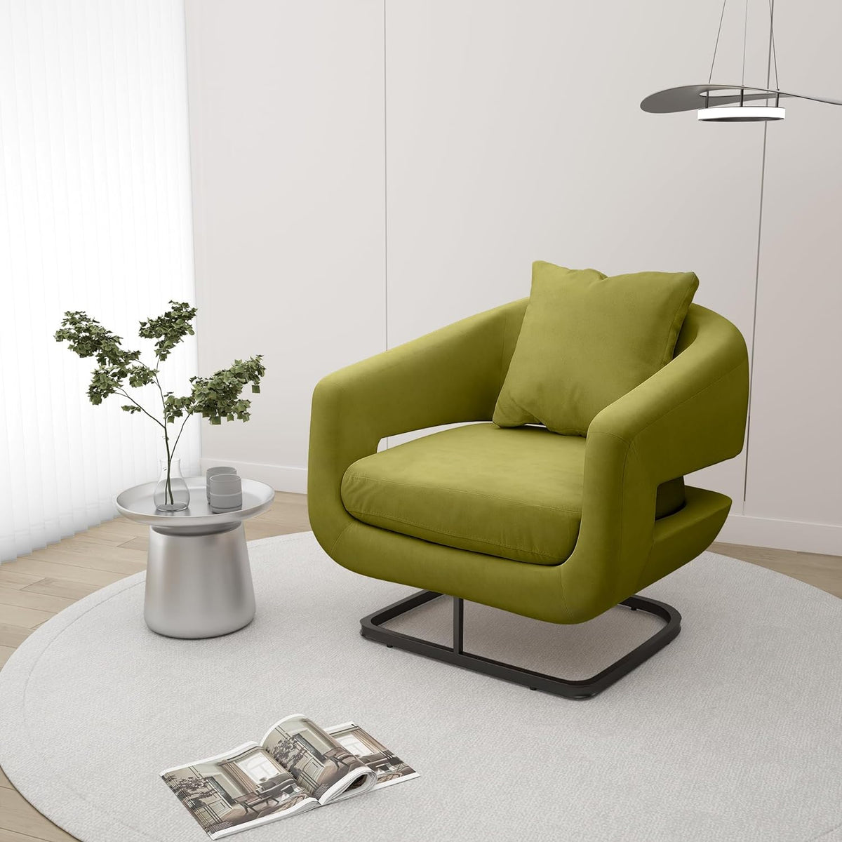 Olive Velvet Barrel Chair with Metal Base S388345