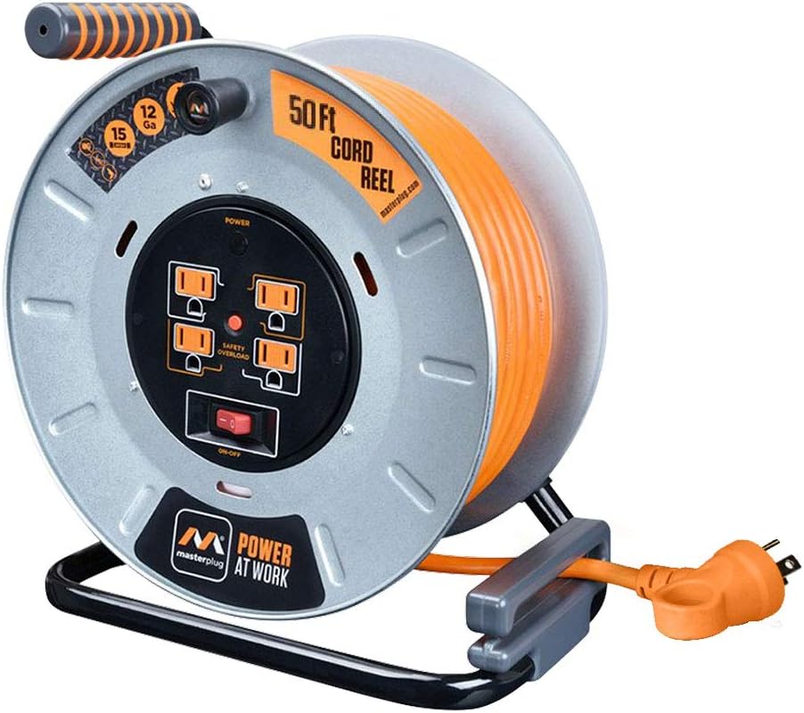 Heavy Duty Metal Cord Reel with 4 Outlets and 12 Gauge Cord (100ft) D947