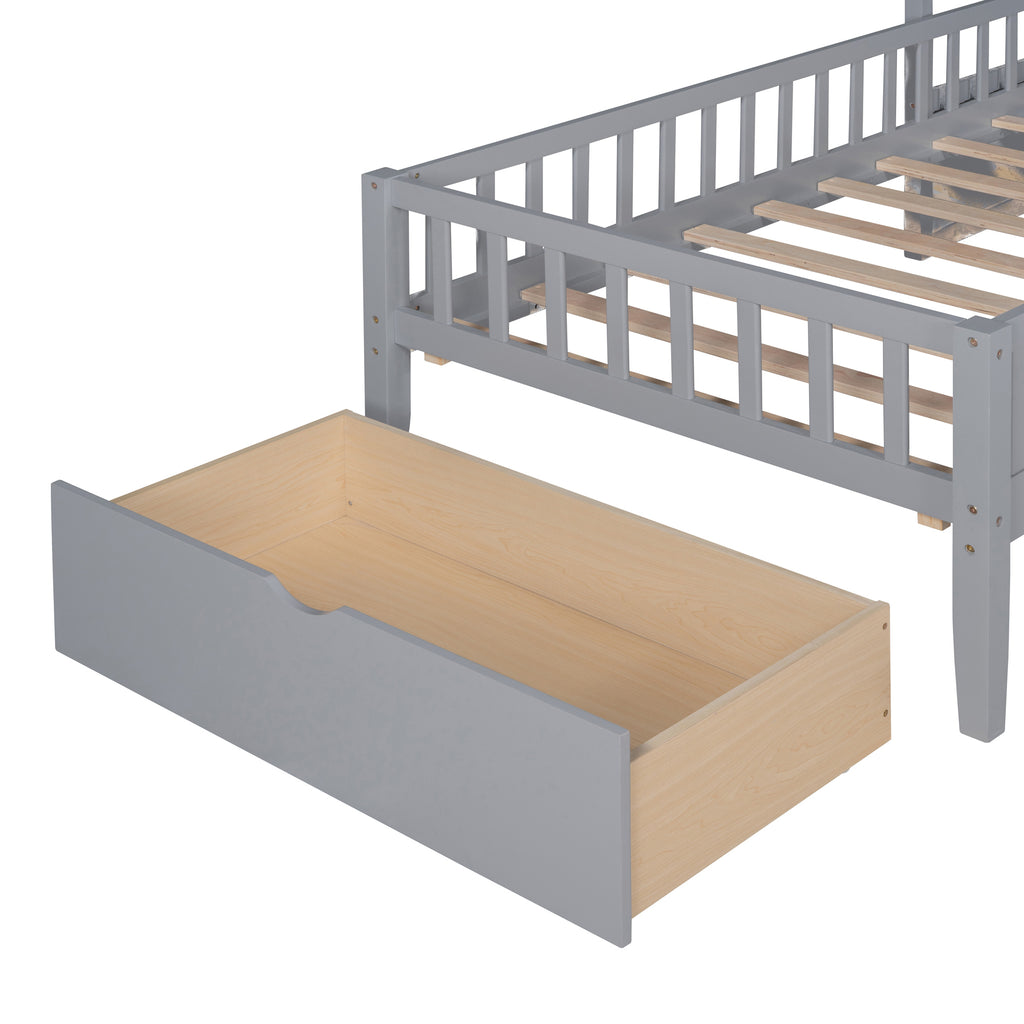Twin Size House Bed with Upholstered Sofa, Charging Station, Shelves and Two Drawers, Gray E6437