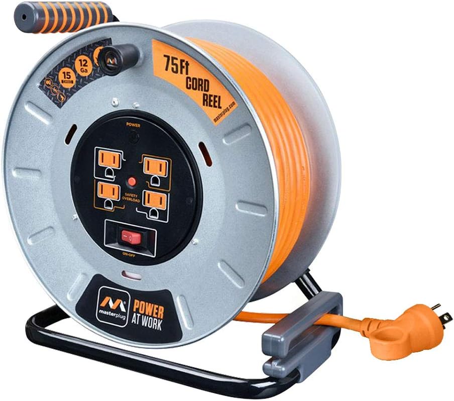 Heavy Duty Metal Cord Reel with 4 Outlets and 12 Gauge Cord (100ft) D947