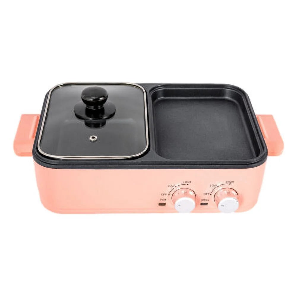 2 in 1 Non-Stick Electric BBQ Grill Hot Pot Griddle Pan Pink X122406