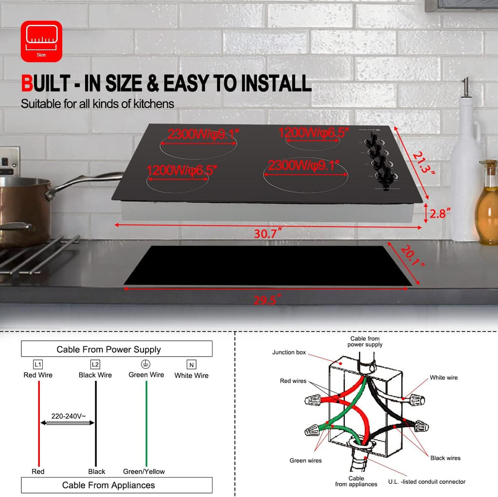 Built-in Ceramic Electric Cooktop 4 Burners, 220V, Knob Control J587