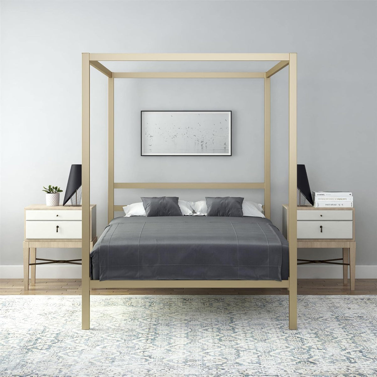King Size Gray Canopy Bed with Built-in Headboard D391413