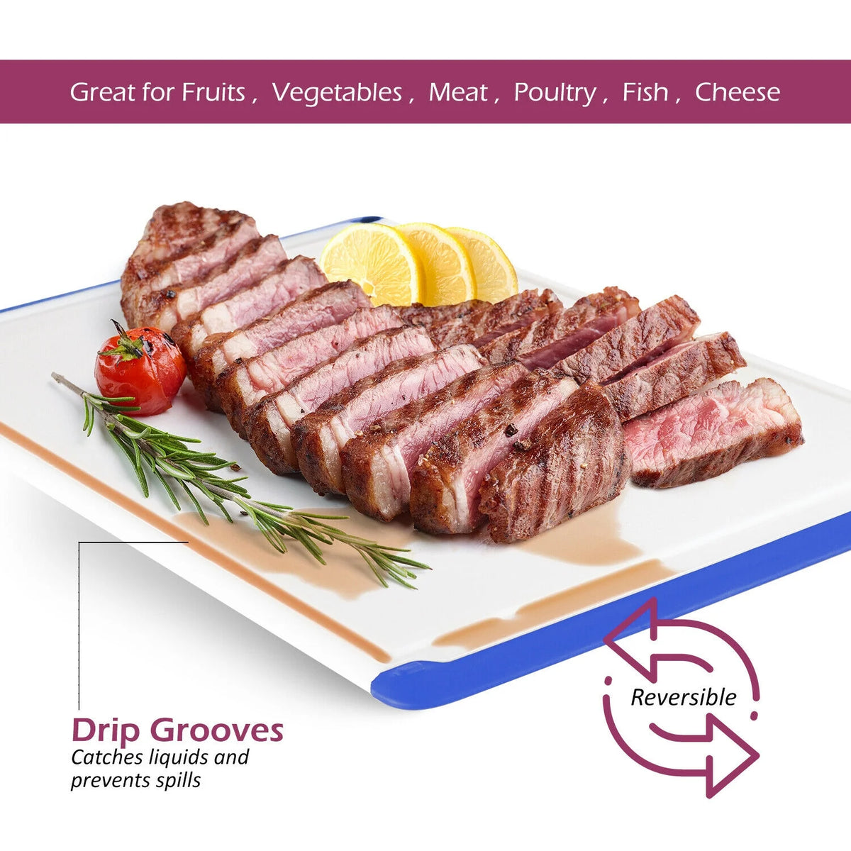 Blue Plastic Cutting Board with Drip Grooves W64858