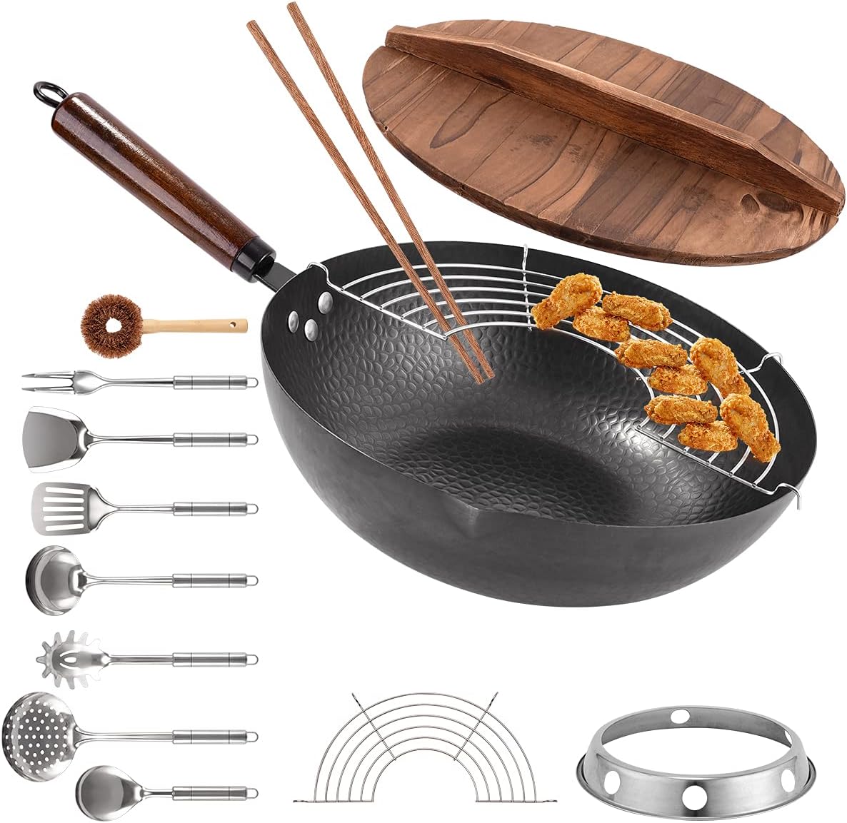 13 PCS Carbon Steel Wok Set with Wooden Lid & Utensils L1958