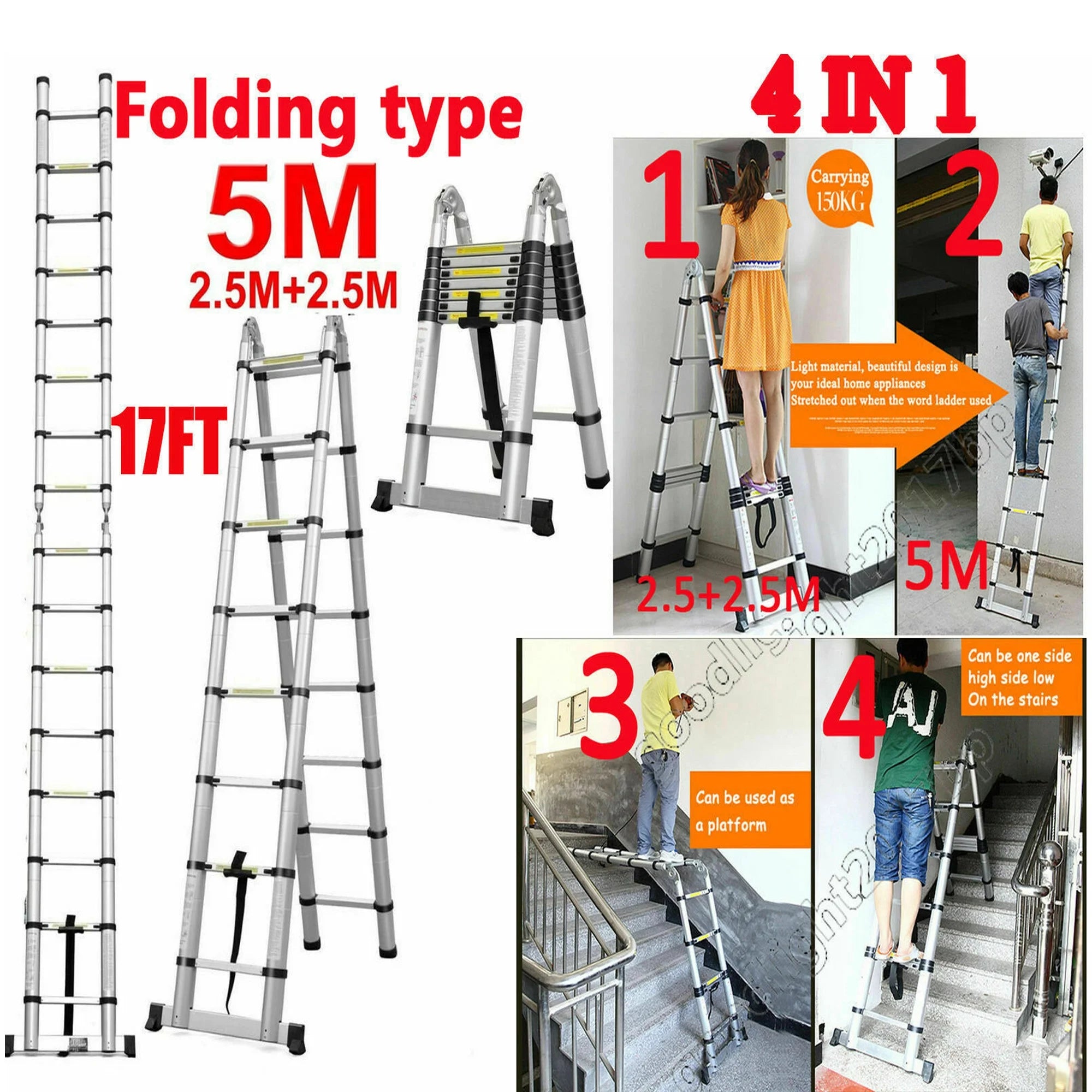 Telescoping Ladder 16.5Ft Aluminum Non-Slip Lightweight Retractable Folding Step Ladder, 330lbs Capacity J3258