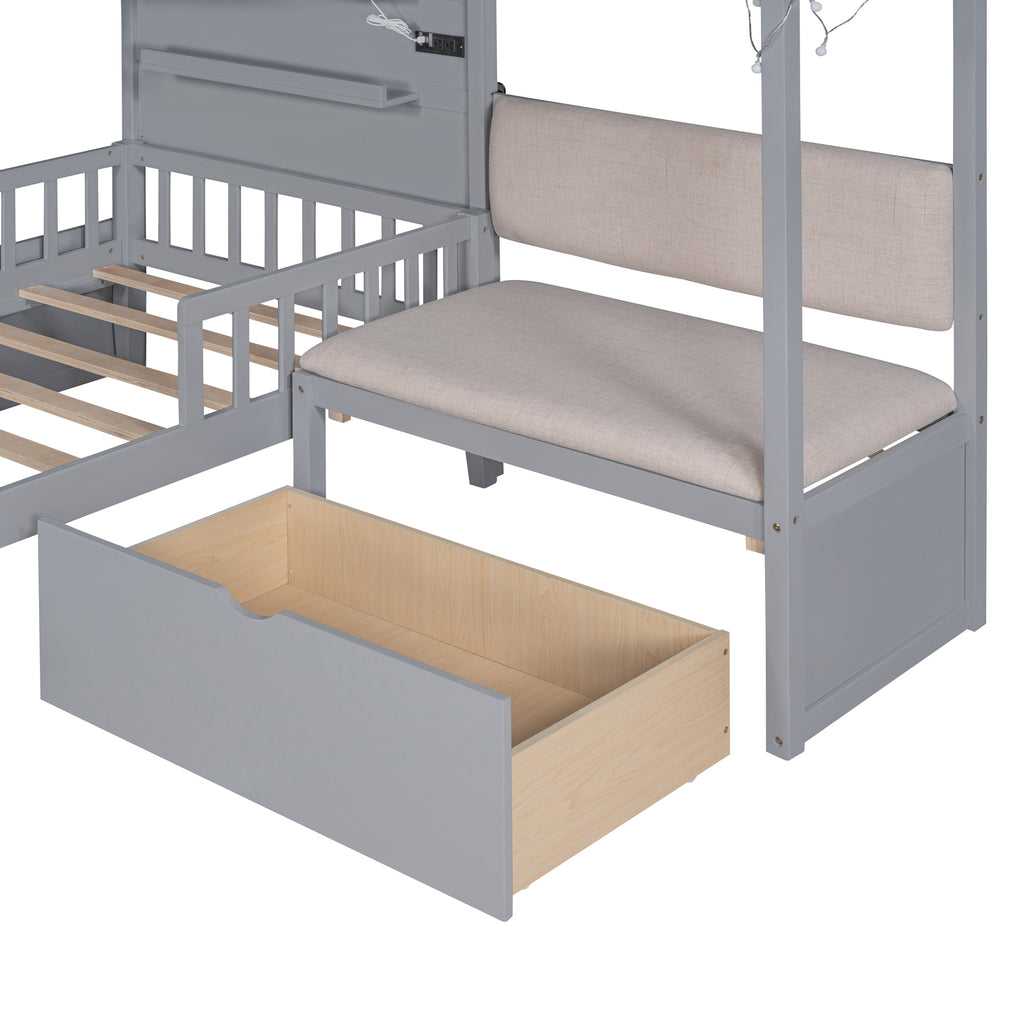 Twin Size House Bed with Upholstered Sofa, Charging Station, Shelves and Two Drawers, Gray E6437