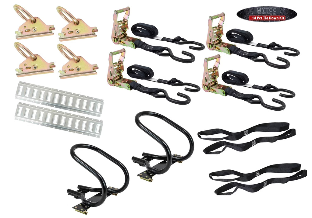 14 Pc Motorcycle Kit with E-Track Wheel Chock, Handle Bar Straps, D Ring, Ratchet Straps W8251