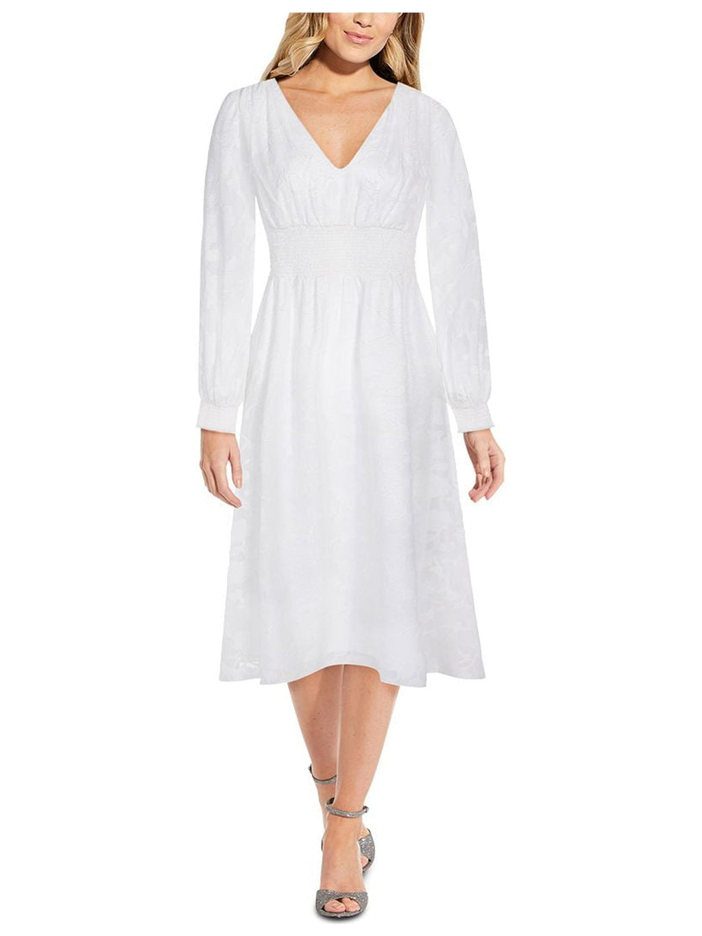 White Long Sleeve V Neck Midi Fit Flare Dress I55178