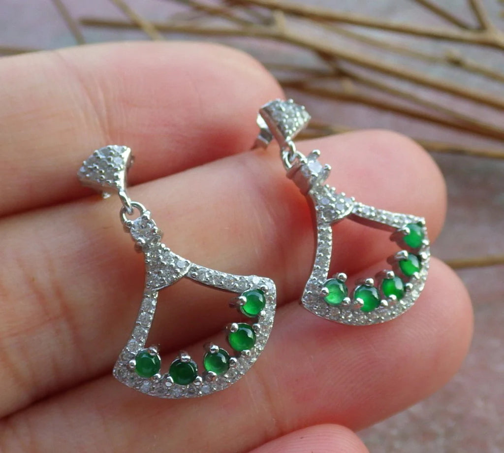 Sterling Silver 925 Green Natural Burma Jade Jadeite Cabochon Fan Dangle Earrings Y1083
