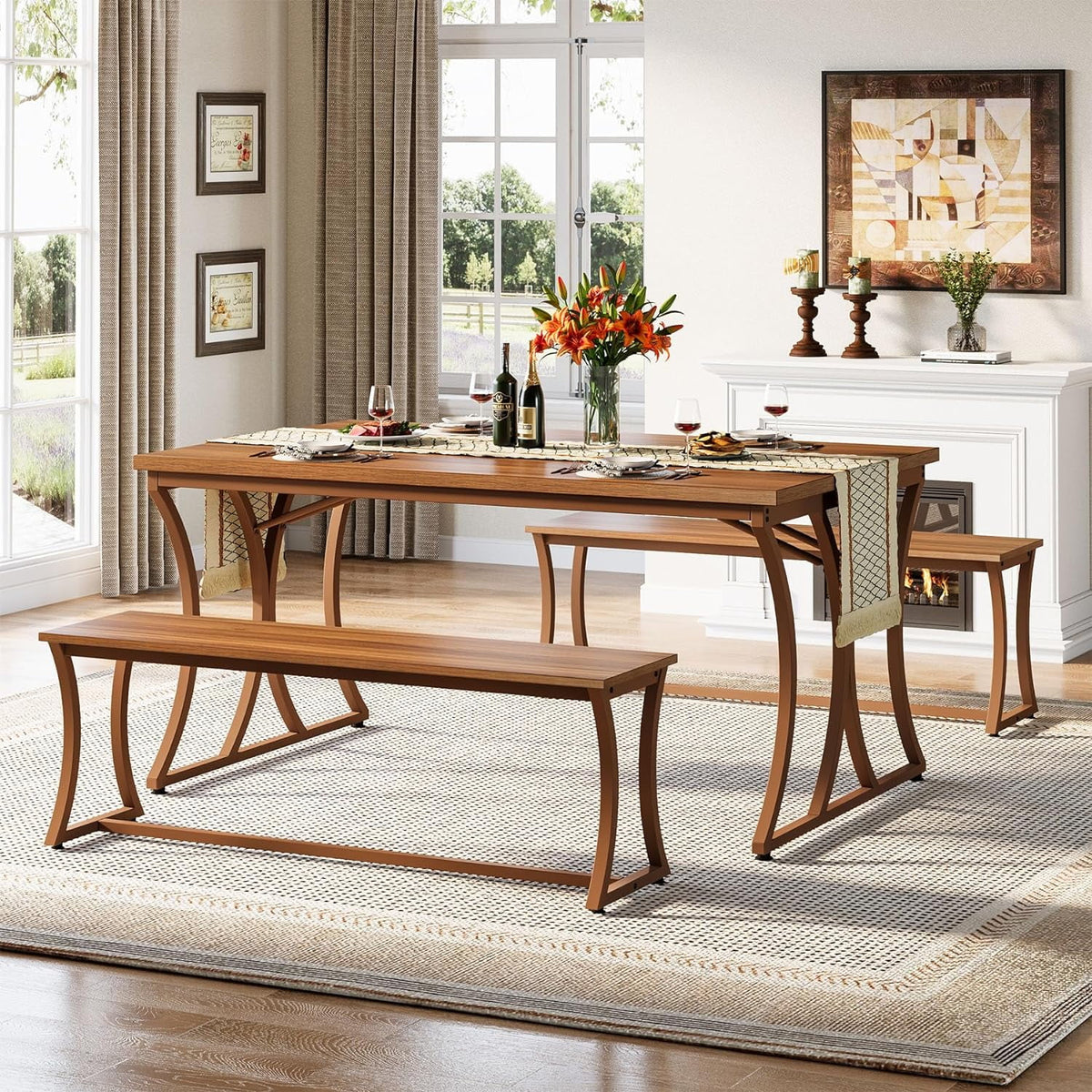 51-Inch Dining Table Set with 2 Benches & Table Runner Y9609