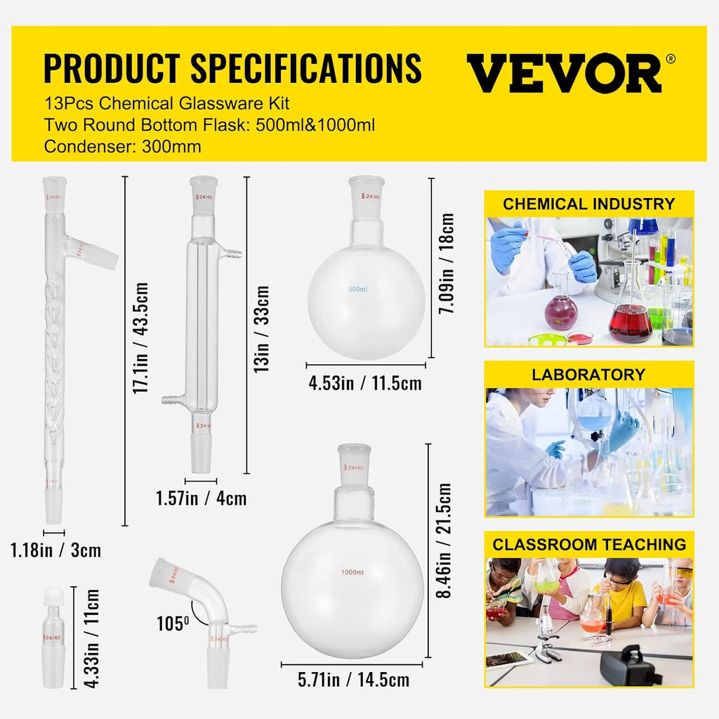 13pcs Borosilicate Glass Distillation Apparatus Kit with 1000ml Round Bottom Flask M965555