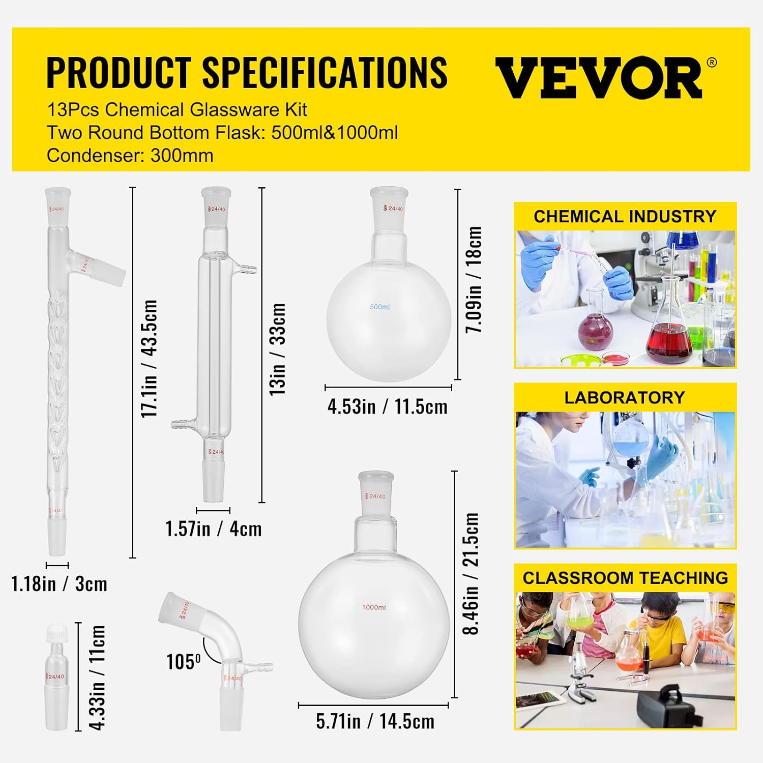 13pcs Borosilicate Glass Distillation Apparatus Kit with 1000ml Round Bottom Flask M965555