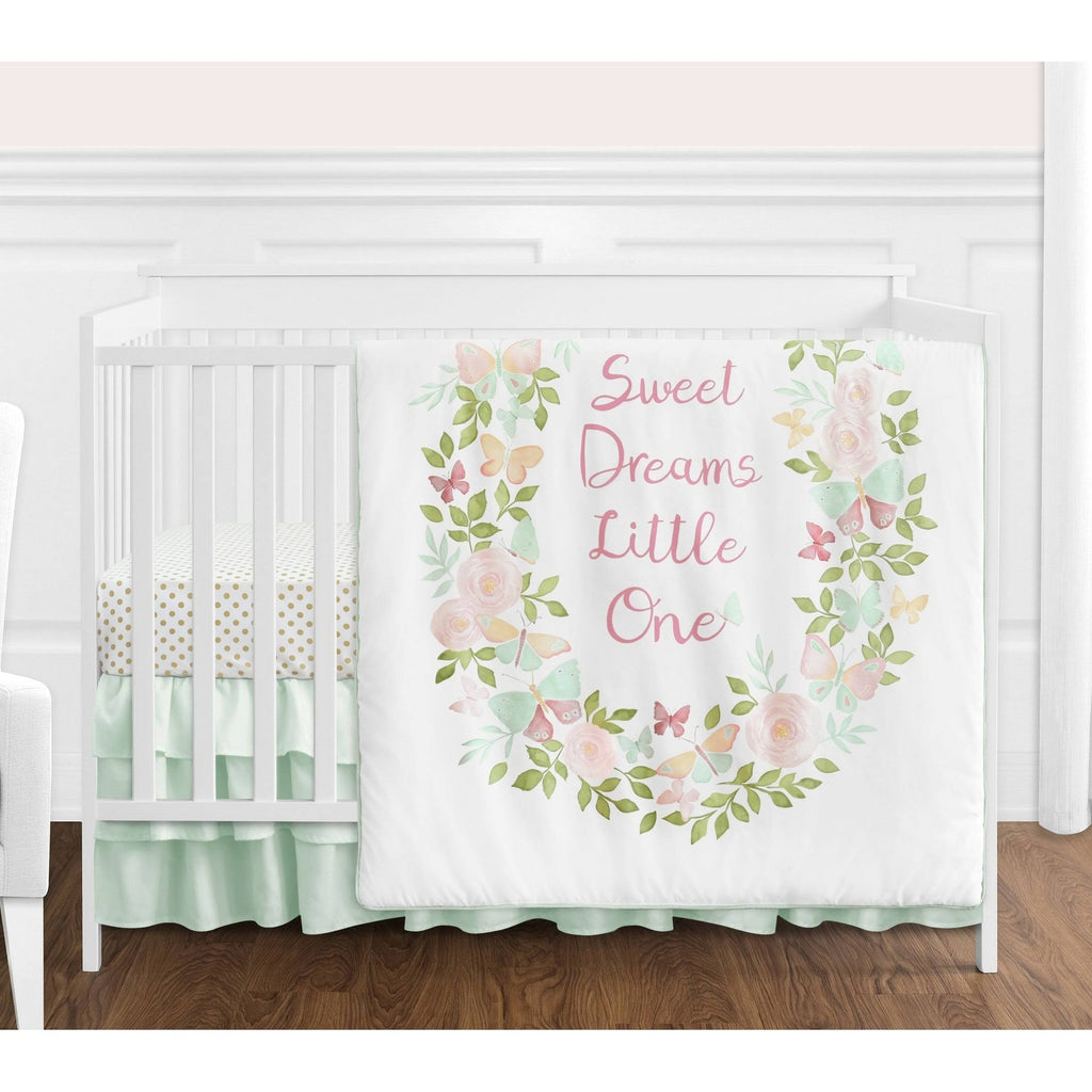 Blush Pink Mint White Butterfly Floral 4-Piece Crib Bedding Set T680