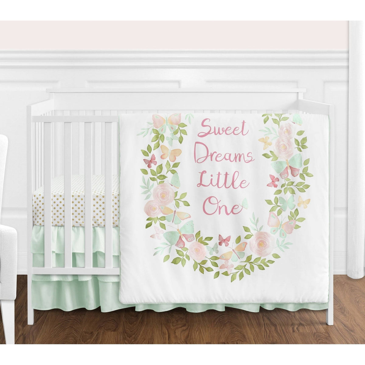 Blush Pink Mint White Butterfly Floral 4-Piece Crib Bedding Set T680