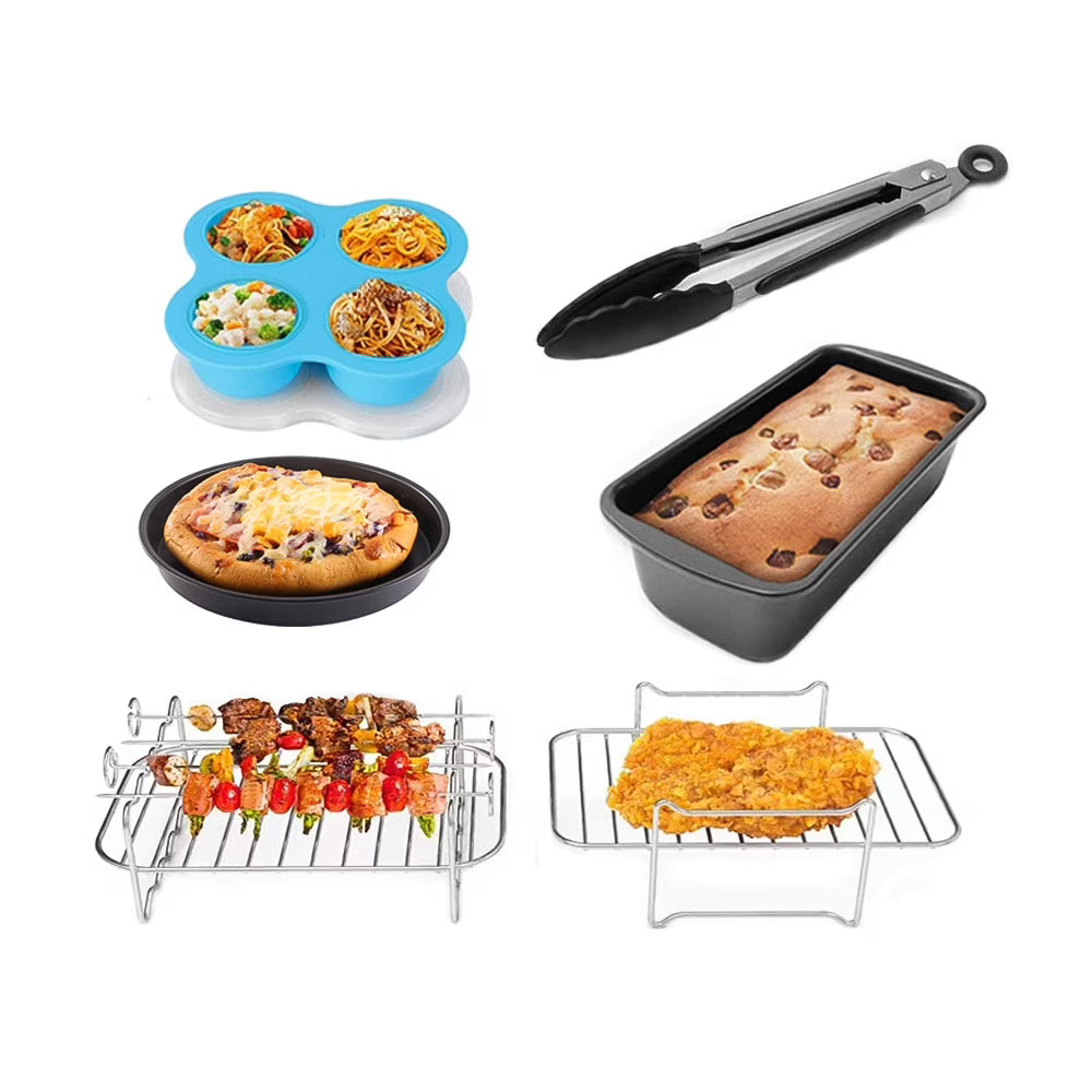 6 PCS Non-Stick Air Fryer Accessories Set with Cake Baking Barrel Pizza Cupcake Pans Skewer Toast Racks Food Tongs A310342