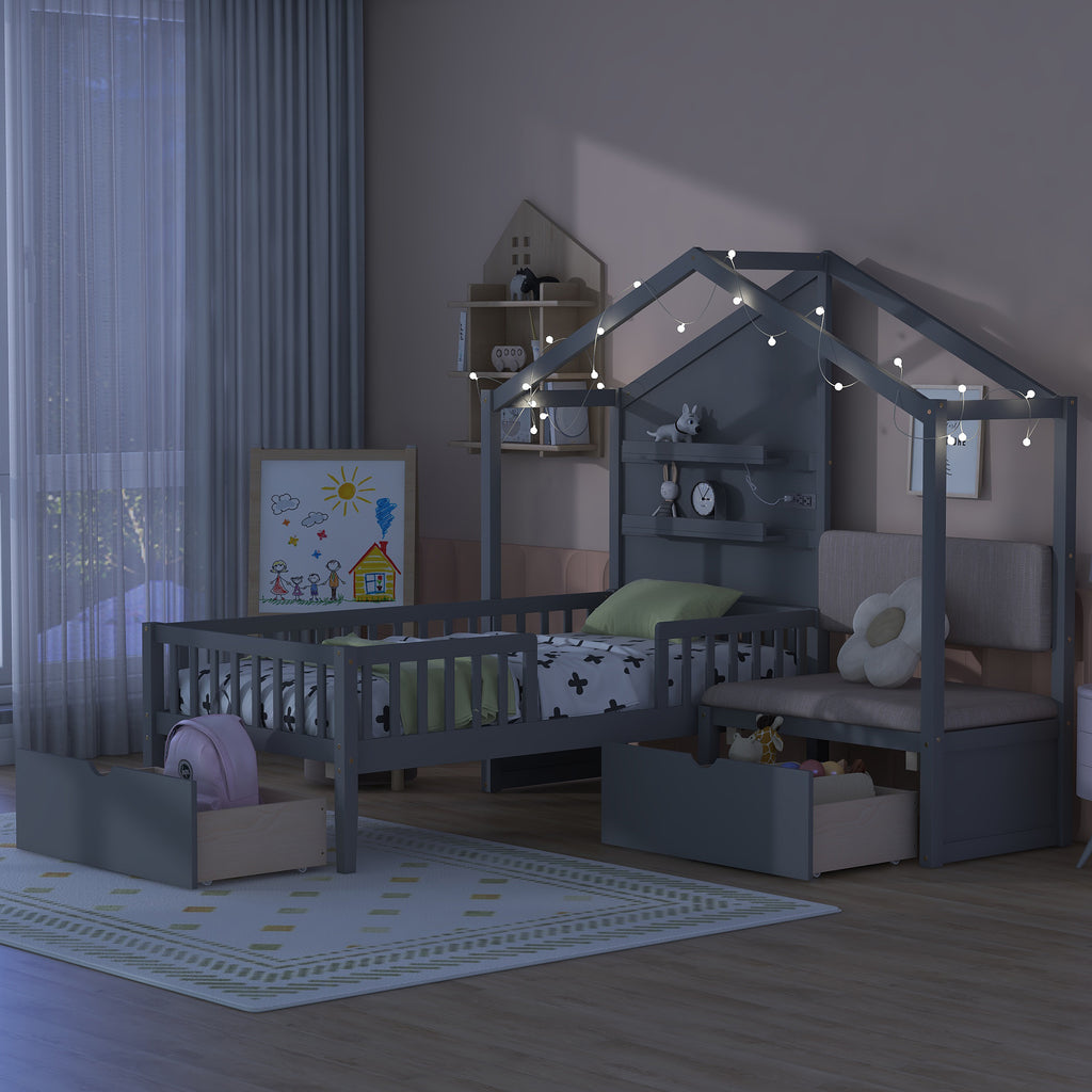 Twin Size House Bed with Upholstered Sofa, Charging Station, Shelves and Two Drawers, Gray E6437