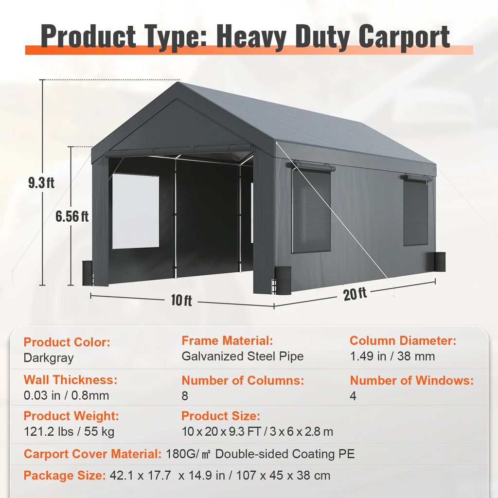 10 x 20 Feet Carport Canopy with Side Walls and Windows T18443