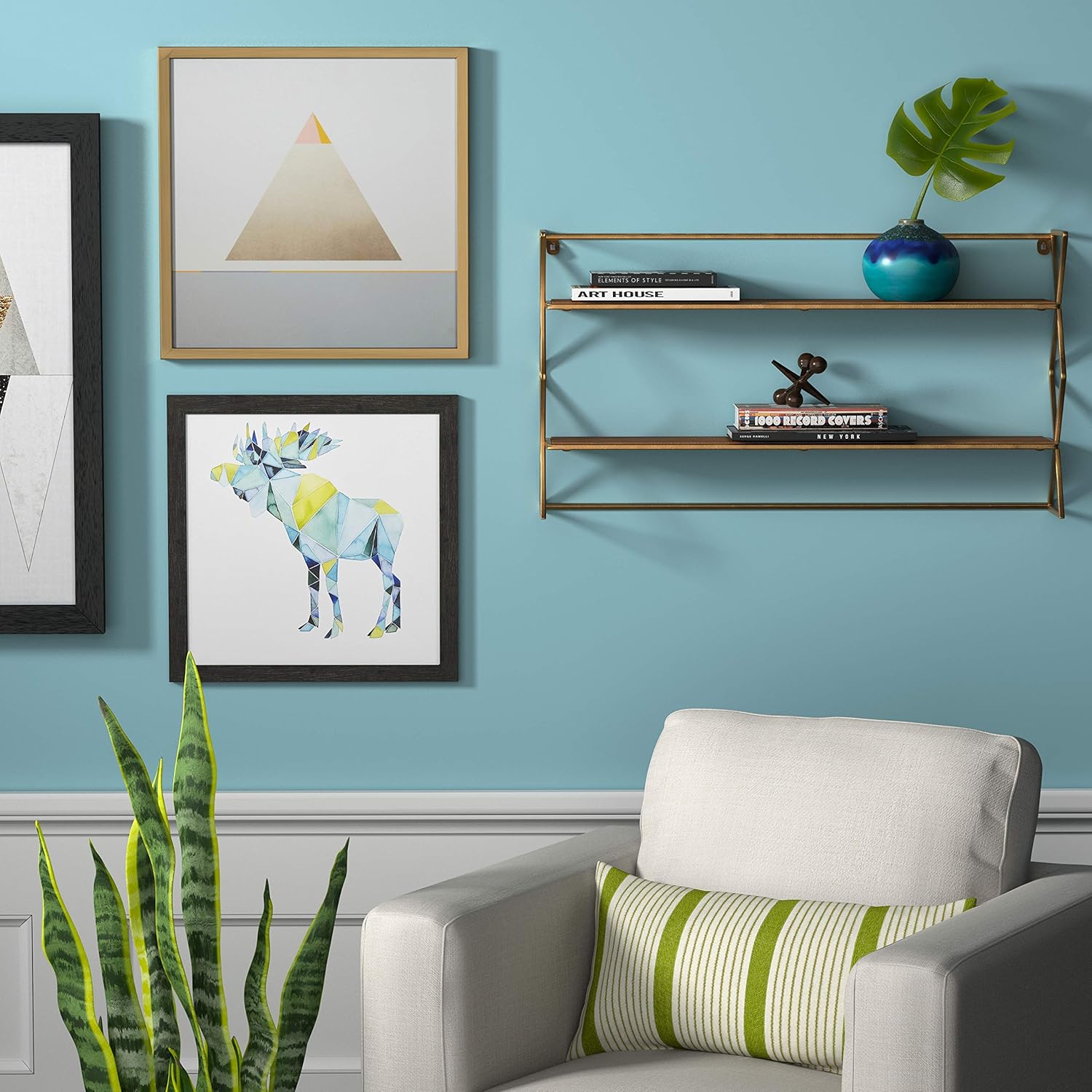 Natural Wood and Gold 2-Tier Floating Bookcase Shelf Unit W780